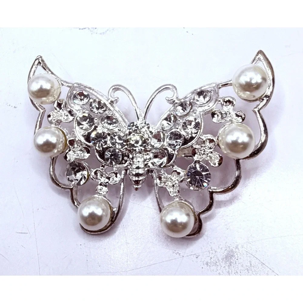 Silver Tone Butterfly‎ Brooch Rhinestone Pearl 2